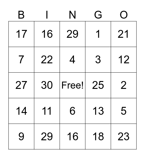 Bingo 1-30 Bingo Card