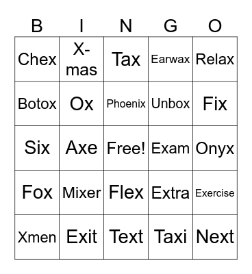 X in initial, medial and final position Bingo Card