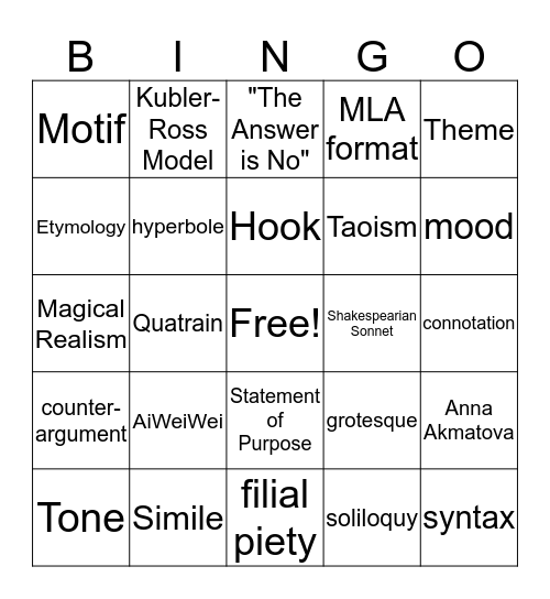 End of Year Review Bingo Card