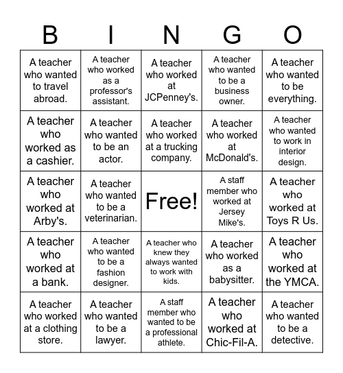 When I Grow Up! Bingo Card