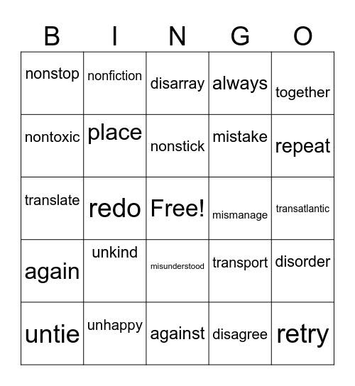 prefixes Bingo Card