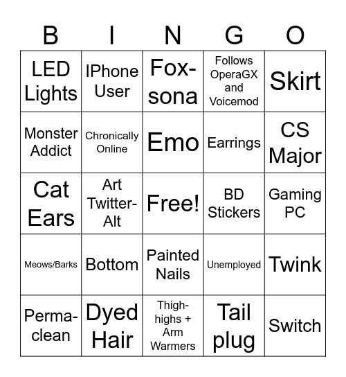 Gay Furry Femboy Bingo Card