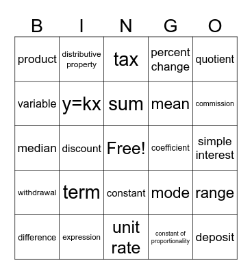 Math Vocabulary Bingo Card