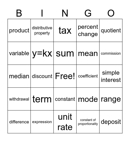 Math Vocabulary Bingo Card