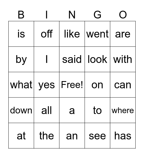 Sight Word Bingo Card