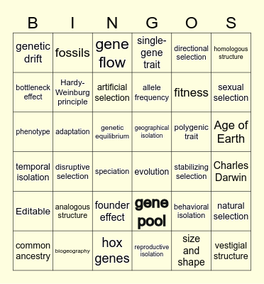 Evolutionary BINGO Card