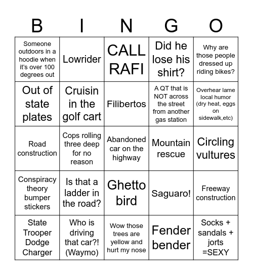 Phoenix Trip Bingo Card