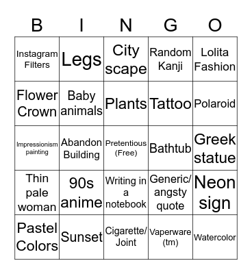 Tumblr Aesthetic Bingo Card