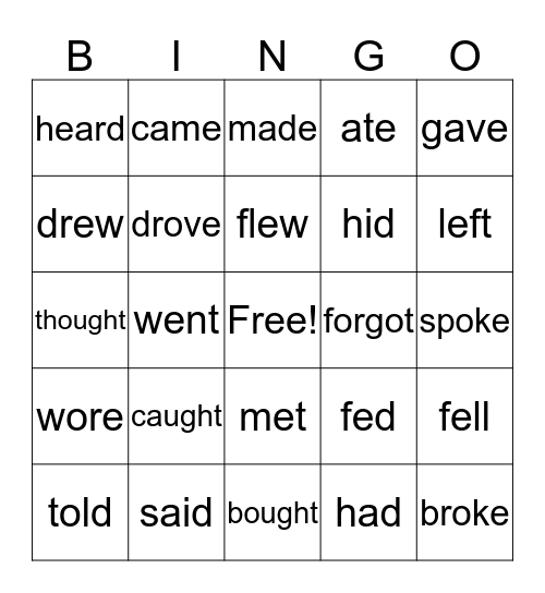 Irregular Verb Bingo Card