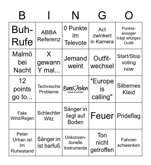 Eurovision Song Contest 2024 Bingo Card