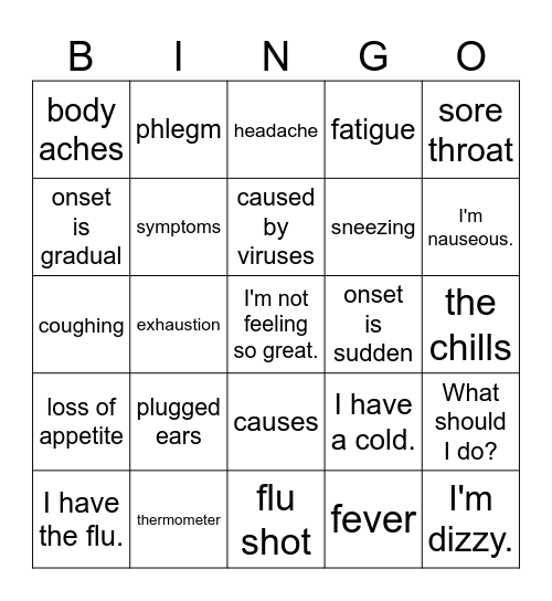 A Cold or The Flu Bingo Card