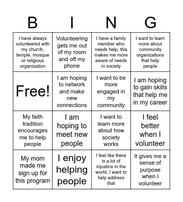 Why do you Volunteer? Bingo Card