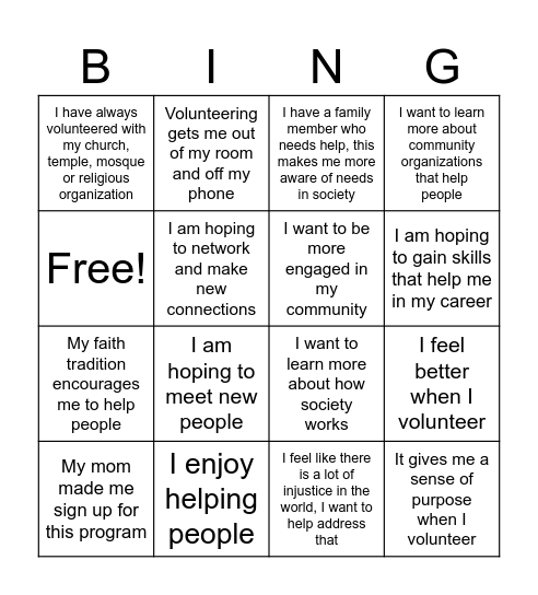 Why do you Volunteer? Bingo Card