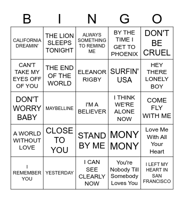 MUSIC BINGO #56  - Not Mine Bingo Card