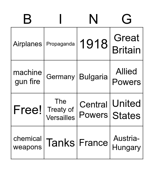 WORLD WAR I Bingo Card