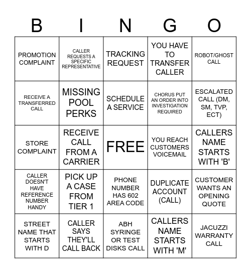 Call Center Bingo Card