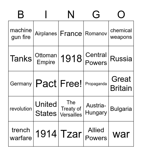 WORLD WAR I Bingo Card