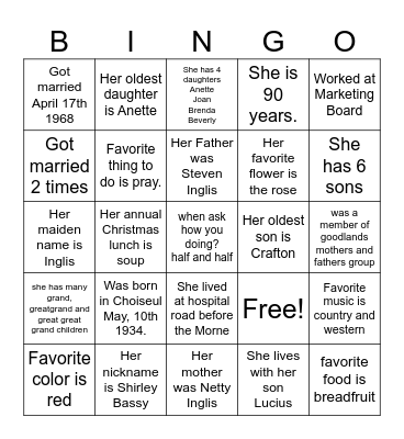 Shirley Bingo Card