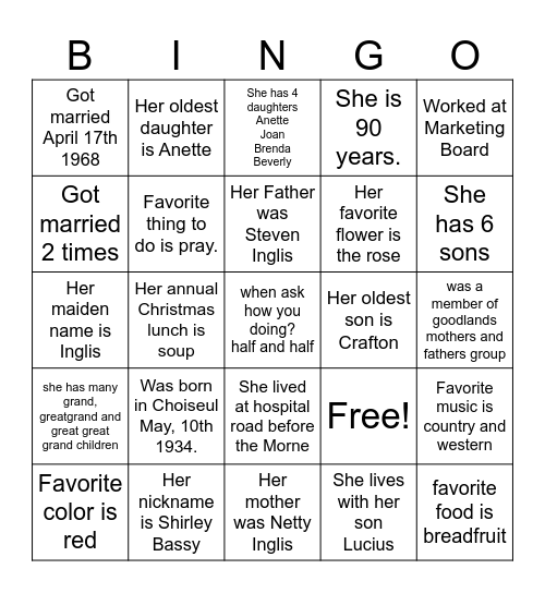 Shirley Bingo Card