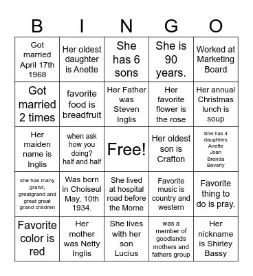 Shirley Bingo Card