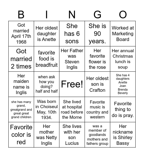 Shirley Bingo Card