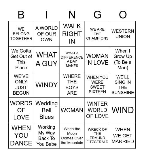 MUSIC BINGO #58  -  Double You Bingo Card