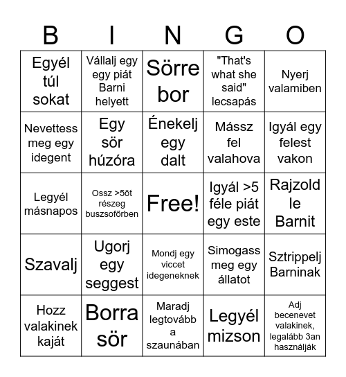 Barni búcsú Bingo Card