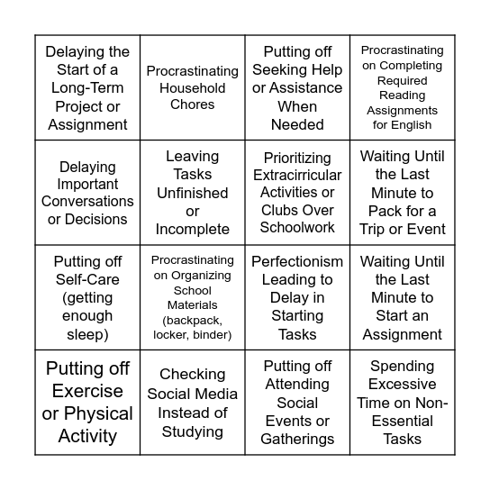 Procrastination Bingo Card