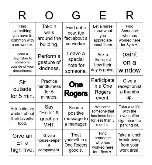 ONE ROGERS WEEK BINGO Card