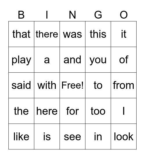 Snap Word Bingo Card