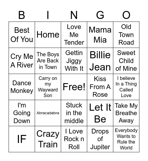 Song Bingo Card