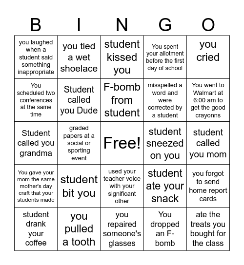 Teacher Appreciation Bingo Card