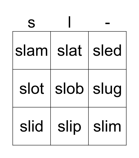 Words starting with sl- Bingo Card