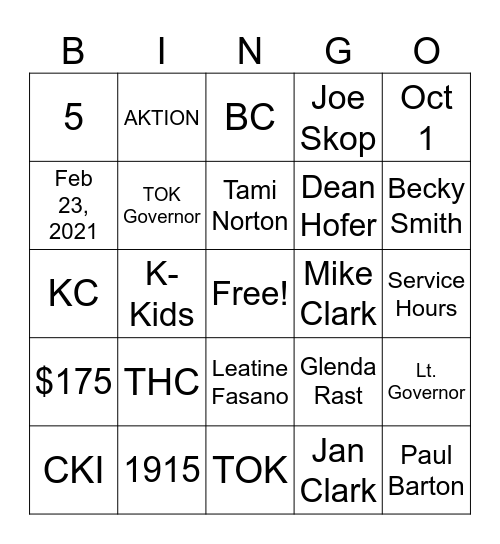 Texas Hill Country Kiwanis Bingo Card