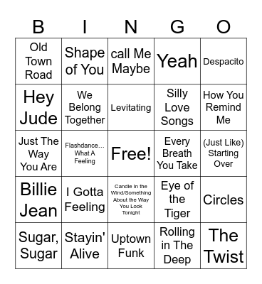 Billboard Top 100 All Time Bingo Card