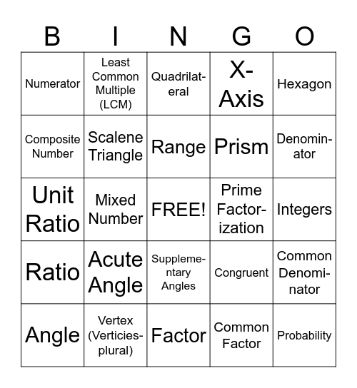 6th Grade STAAR Math Bingo Card