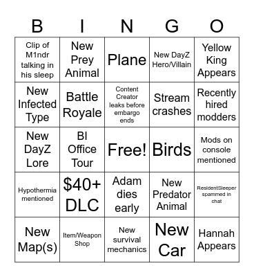 DayZ Frostline Announcement Bingo Card