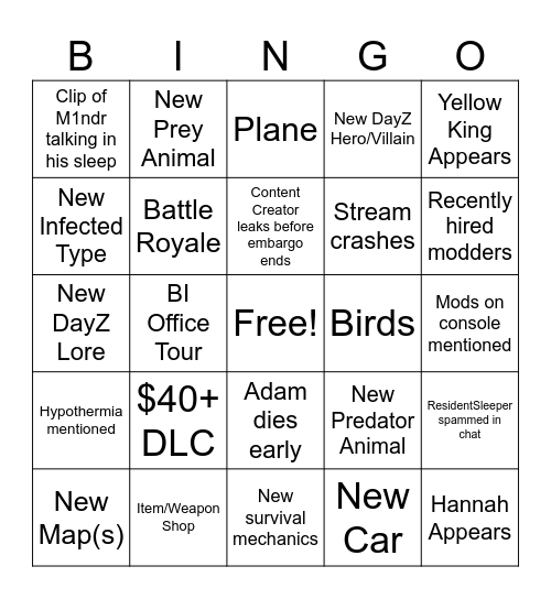 DayZ Frostline Announcement Bingo Card