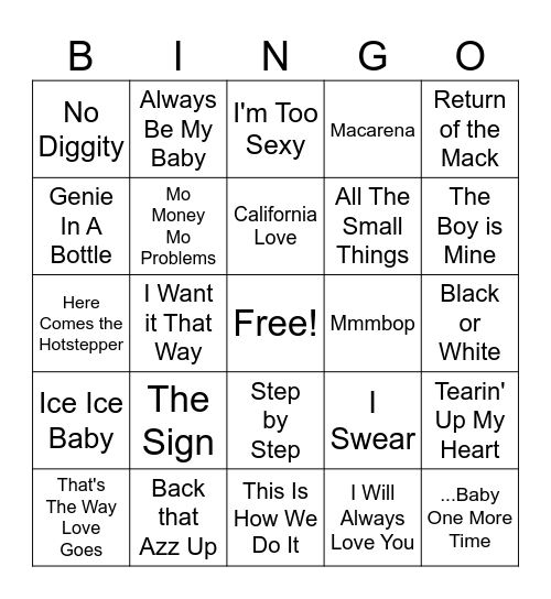 90's Music Bingo Card