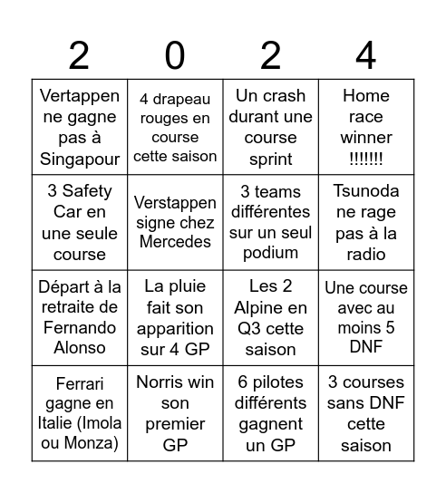 BINGO F1 2024 Bingo Card