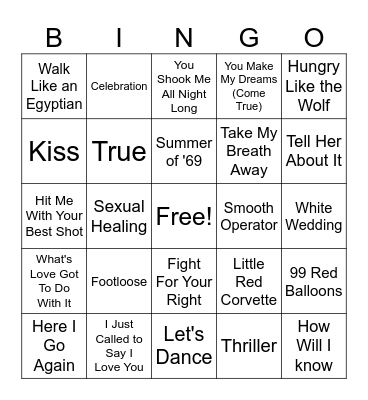 80's Music Bingo Card