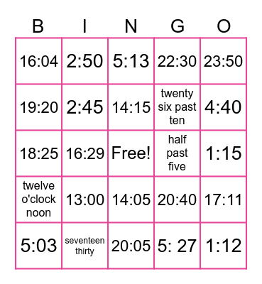 24 Hour Time Bingo Card