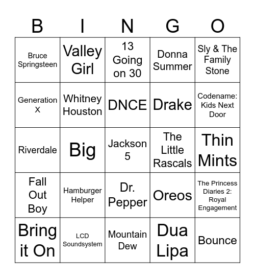 Off Brand Snacks, Slumber Parties, and Dance Music Bingo Card