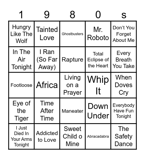 1980s bingo Card