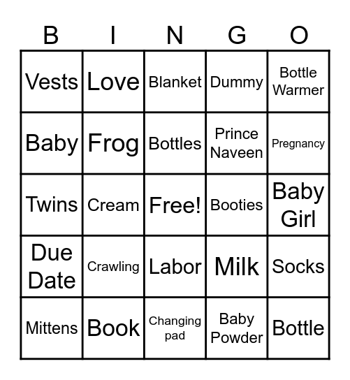 Princess and the Frog Baby Shower Bingo Card