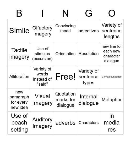 Imaginative Writing Techniques Bingo Card