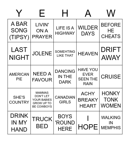 GIDDY UP COUNTRY Bingo Card
