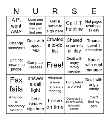 Nurse Admin Bingo Card