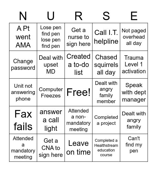 Nurse Admin Bingo Card