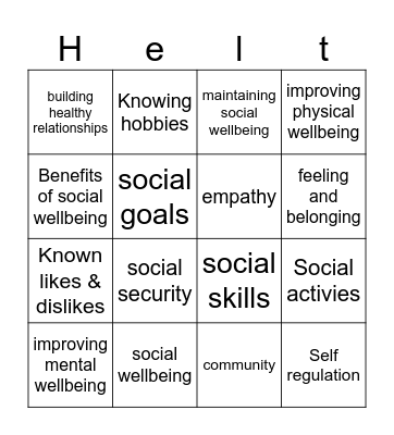 Social Health&wellbeing Bingo Card